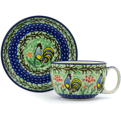 Polish Pottery Cup with Saucer 13 oz Rooster Dance UNIKAT