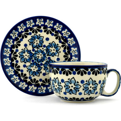 Polish Pottery Cup with Saucer 13 oz Royal Star Flower