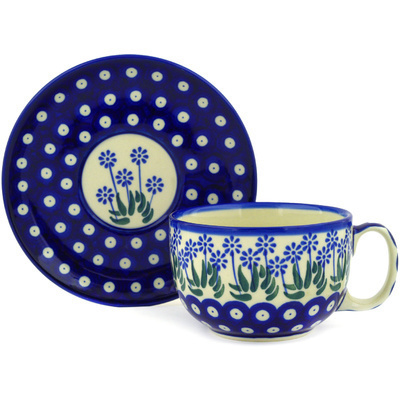 Polish Pottery Cup with Saucer 13 oz Springing Calendulas