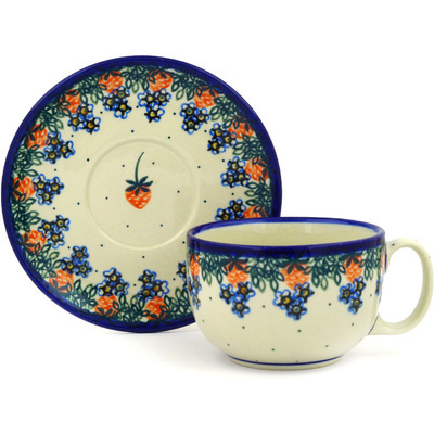 Polish Pottery Cup with Saucer 13 oz Strawberry Fever