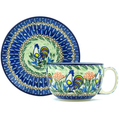 Polish Pottery Cup with Saucer 13 oz Summer Rooster UNIKAT