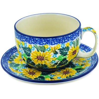 Polish Pottery Cup with Saucer 13 oz Sunflower Surprise UNIKAT