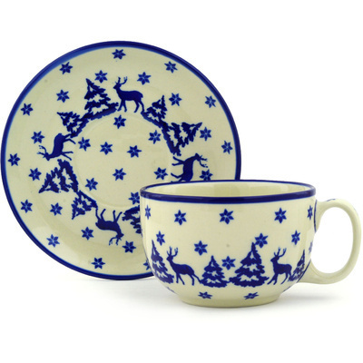 Polish Pottery Cup with Saucer 13 oz Winter Deer
