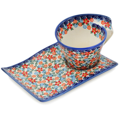 Polish Pottery Cup with Saucer 14 oz Floral Frenzy