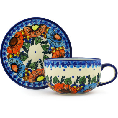 Polish Pottery Cup with Saucer 17 oz Bold Poppies