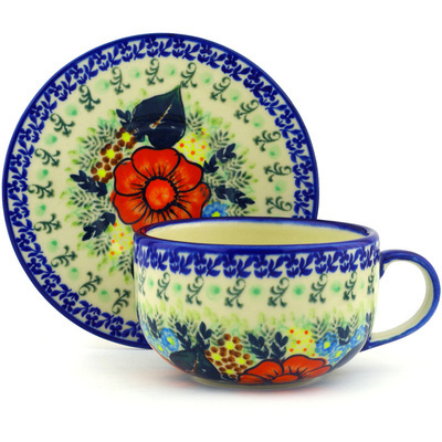 Polish Pottery Cup with Saucer 17 oz Bold Red Poppies UNIKAT