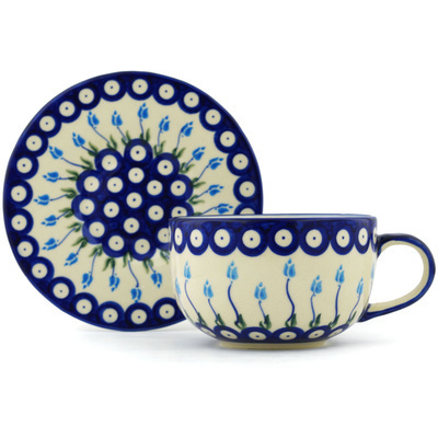 Polish Pottery Cup with Saucer 17 oz Peacock Tulip Garden