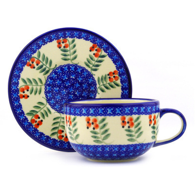 Polish Pottery Cup with Saucer 17 oz Red Berries