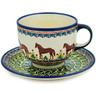 Polish Pottery Cup with Saucer 18 oz Field Horse