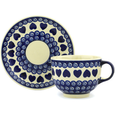 Polish Pottery Cup with Saucer 18 oz Heart Swirls