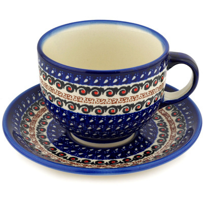 Polish Pottery Cup with Saucer 18 oz Midnight Ocean