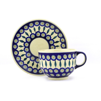 Polish Pottery Cup with Saucer 18 oz Peacock Leaves