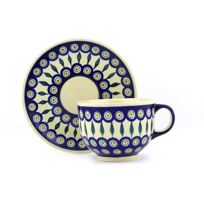 Polish Pottery Cup with Saucer 18 oz Peacock Leaves