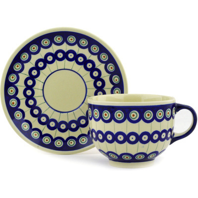 Polish Pottery Cup with Saucer 18 oz Traditional Peacock