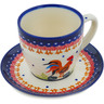 Polish Pottery Cup with Saucer 23 oz Rooster Doodle-do UNIKAT