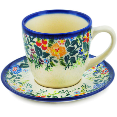 Polish Pottery Cup with Saucer 24 oz Floral Abundance UNIKAT