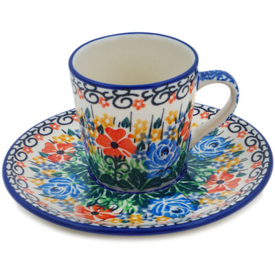Polish Pottery Cup with Saucer 3 oz Golden Daisies UNIKAT