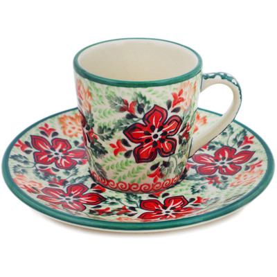 Polish Pottery Cup with Saucer 3 oz Painting In The Garden UNIKAT