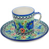 Polish Pottery Cup with Saucer 3 oz Sprouting Cupids UNIKAT