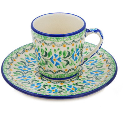 Polish Pottery Cup with Saucer 3 oz Top Of The Morning UNIKAT