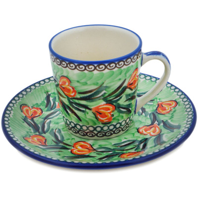 Polish Pottery Cup with Saucer 3 oz Tulip Wreath UNIKAT