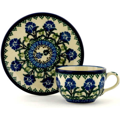 Polish Pottery Cup with Saucer 4 oz Blackberry Blooms