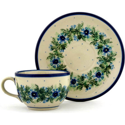 Polish Pottery Cup with Saucer 4 oz Blue Bell Wreath