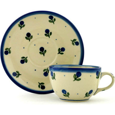 Polish Pottery Cup with Saucer 4 oz Blue Buds