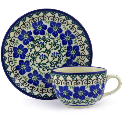 Polish Pottery Cup with Saucer 4 oz Blue Dogwood
