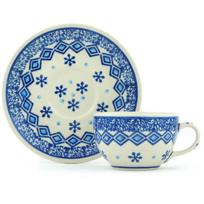 Polish Pottery Cup with Saucer 4 oz Blue Snowflake