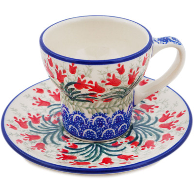Polish Pottery Cup with Saucer 4 oz Crimson Bells