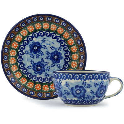 Polish Pottery Cup with Saucer 4 oz Dancing Blue Poppies UNIKAT