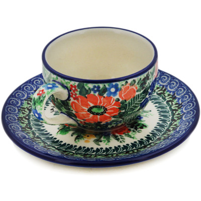 Polish Pottery Cup with Saucer 4 oz Garden Of Happiness UNIKAT