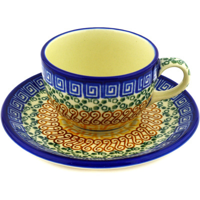 Polish Pottery Cup with Saucer 4 oz Grecian Sea