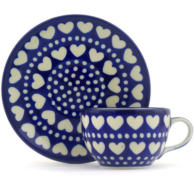 Polish Pottery Cup with Saucer 4 oz Heart To Heart