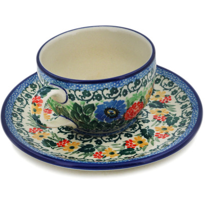 Polish Pottery Cup with Saucer 4 oz In The Garden UNIKAT