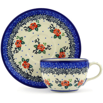 Polish Pottery Cup with Saucer 4 oz Pasadena Delight