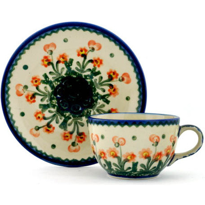 Polish Pottery Cup with Saucer 4 oz Peach Spring Daisy