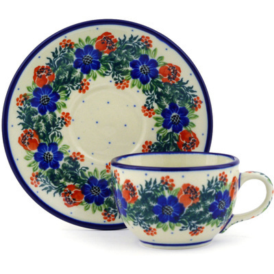 Polish Pottery Cup with Saucer 4 oz Polish Wreath