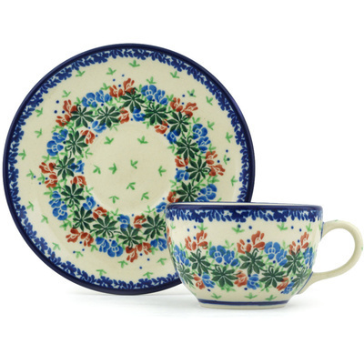 Polish Pottery Cup with Saucer 4 oz Snapdragon Bouquet