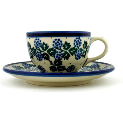 Polish Pottery Cup with Saucer 4 oz Summer Blackberries