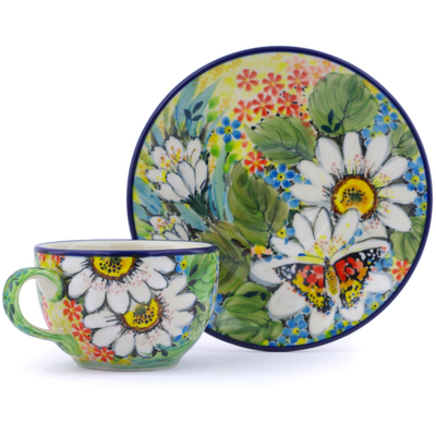 Polish Pottery Cup with Saucer 4 oz Summer Daisy UNIKAT