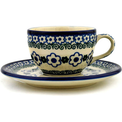 Polish Pottery Cup with Saucer 4 oz White Daisy Dots