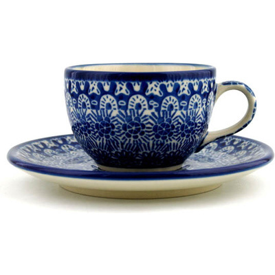 Polish Pottery Cup with Saucer 4 oz Winter Frost