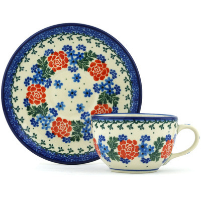 Polish Pottery Cup with Saucer 4 oz Winter Wreath