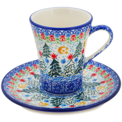 Polish Pottery Cup with Saucer 5 oz Blue Kissed Petals UNIKAT