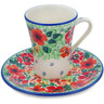 Polish Pottery Cup with Saucer 5 oz Candy Red Poppy UNIKAT