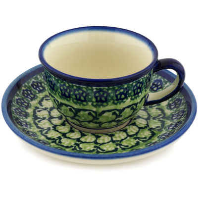 Polish Pottery Cup with Saucer 5 oz Emerald Forest