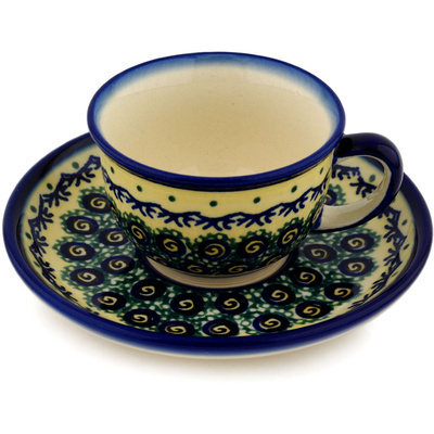 Polish Pottery Cup with Saucer 5 oz Peacock Bumble Bee