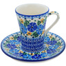 Polish Pottery Cup with Saucer 5 oz Periwinkle Ring UNIKAT